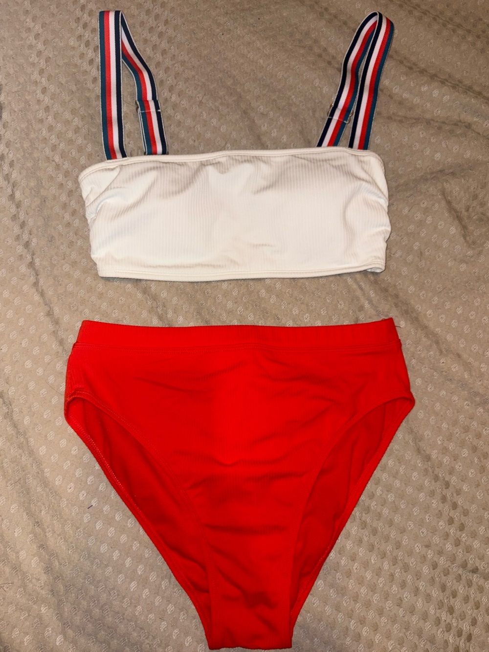Ribbed Bikini Set NWOT White Top Striped Straps & Red/Orange HighWaist Bottoms